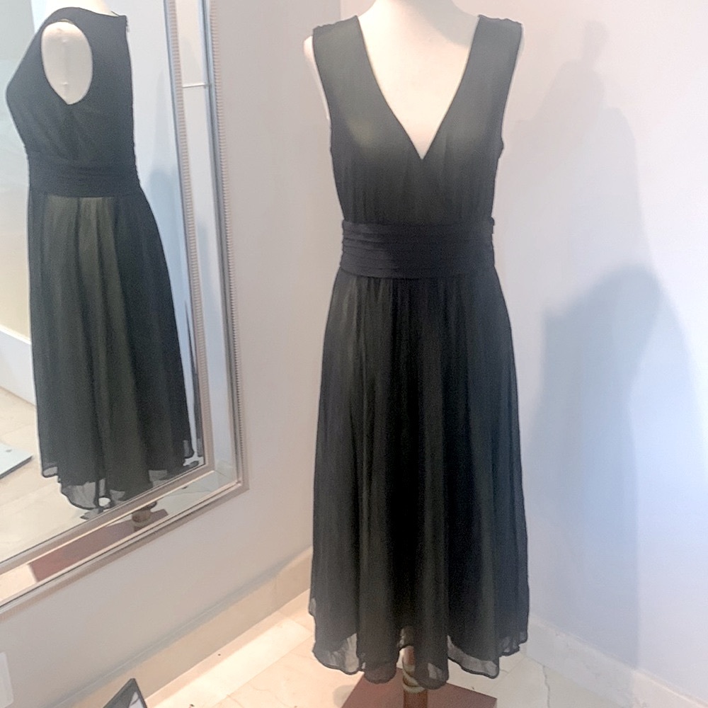 Sheer dress with chartreuse green underlay empire waisted dress. Lightweight